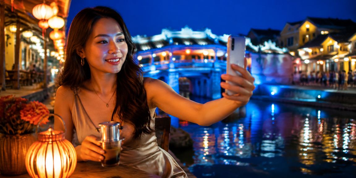 Không gian cà phê Hội An với điện thoại và thói quen xem thể thao buổi tối