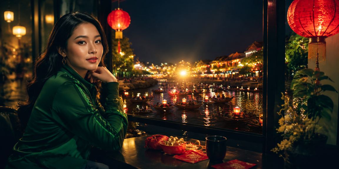 Phong bao đỏ Hội An bên ly cà phê gợi không khí ưu đãi mùa lễ